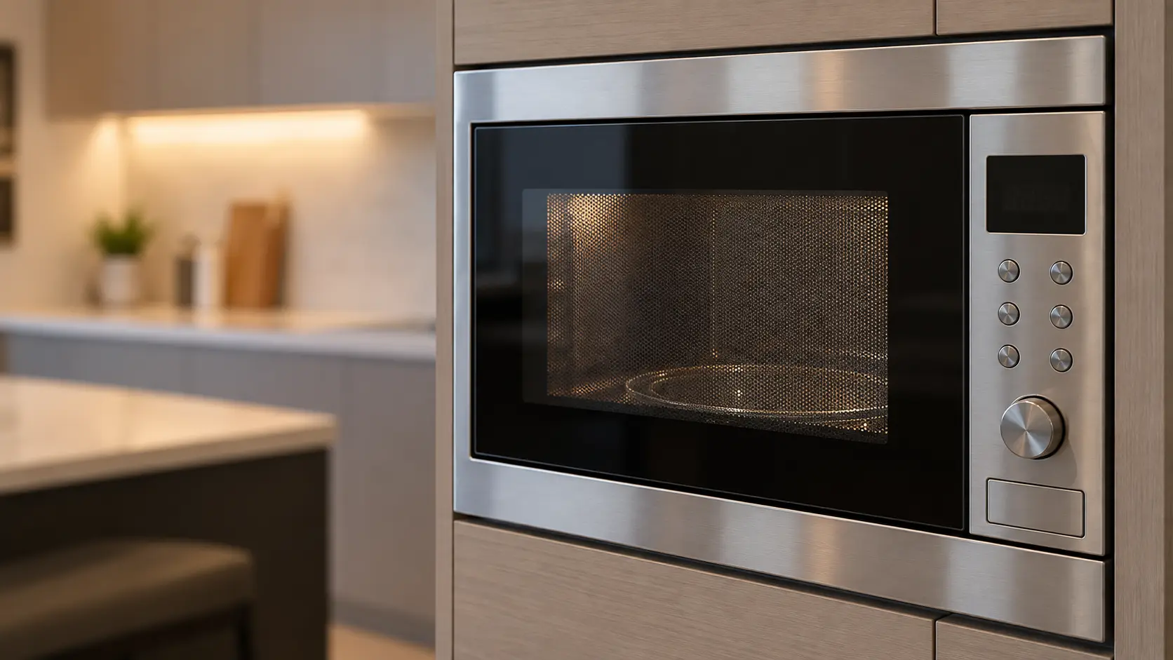 Close view of the control strip of a built-in stainless microwave in a tall kitchen cabinet, its small display showing faint broken segments of plain digits, the side-hinged door with a mesh window of the microwave closed beside it.