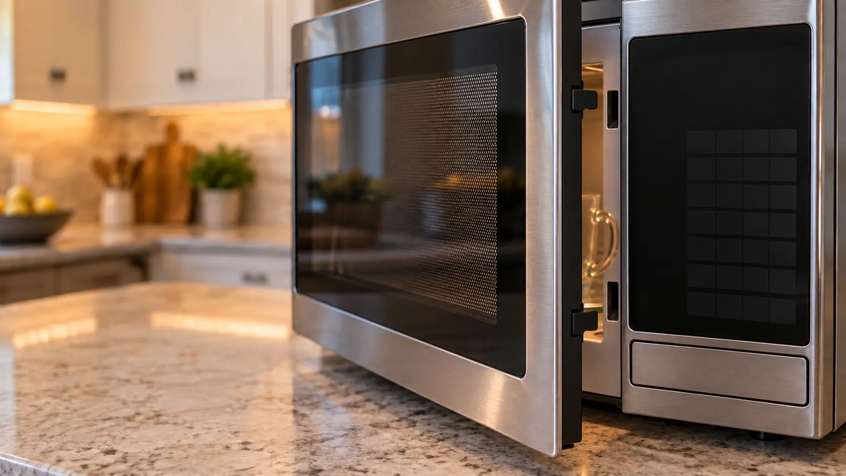 Close view of the edge of a stainless countertop microwave's side-hinged door with a mesh window standing a finger-width open, two plastic latch hooks visible on the door edge beside the matching slots in the microwave frame, a plain glass mug on the glass turntable inside.