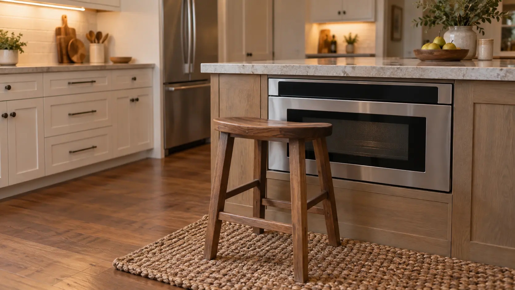 A stainless microwave drawer built into a kitchen island below the counter, its drawer front closed with a slim glass lid panel at the top, a wooden stool and a thick woven mat pushed up against the drawer front on the floor.