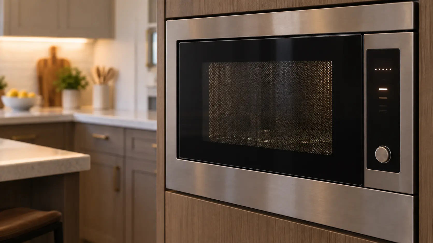 Close view of the control panel beside the side-hinged door with a mesh window of a built-in stainless microwave in a tall kitchen cabinet, a few abstract lit segments on its small display, the microwave cavity dark behind the closed mesh window.