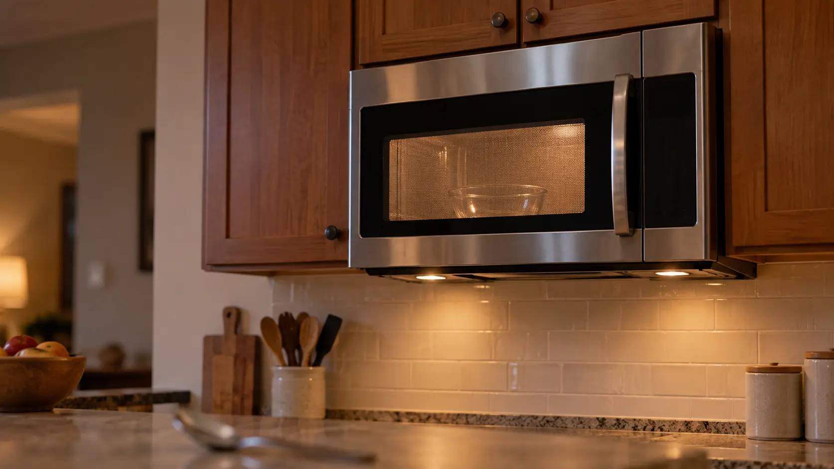 A stainless microwave hood combination under wood wall cabinets, running with its side-hinged door with a mesh window closed and the microwave cavity lit, a plain glass bowl on the glass turntable behind the mesh, a faint shimmer of vibration suggested only by a spoon resting on the counter below out of focus.