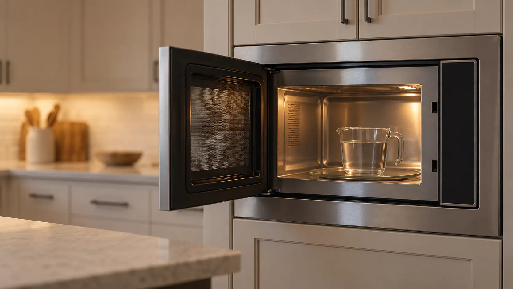 A built-in stainless microwave in a trim kit set into a kitchen cabinet, its side-hinged door with a mesh window open and a plain glass measuring cup of water standing on the glass turntable inside the microwave cavity, the cavity lamp lit, a quiet kitchen around it.