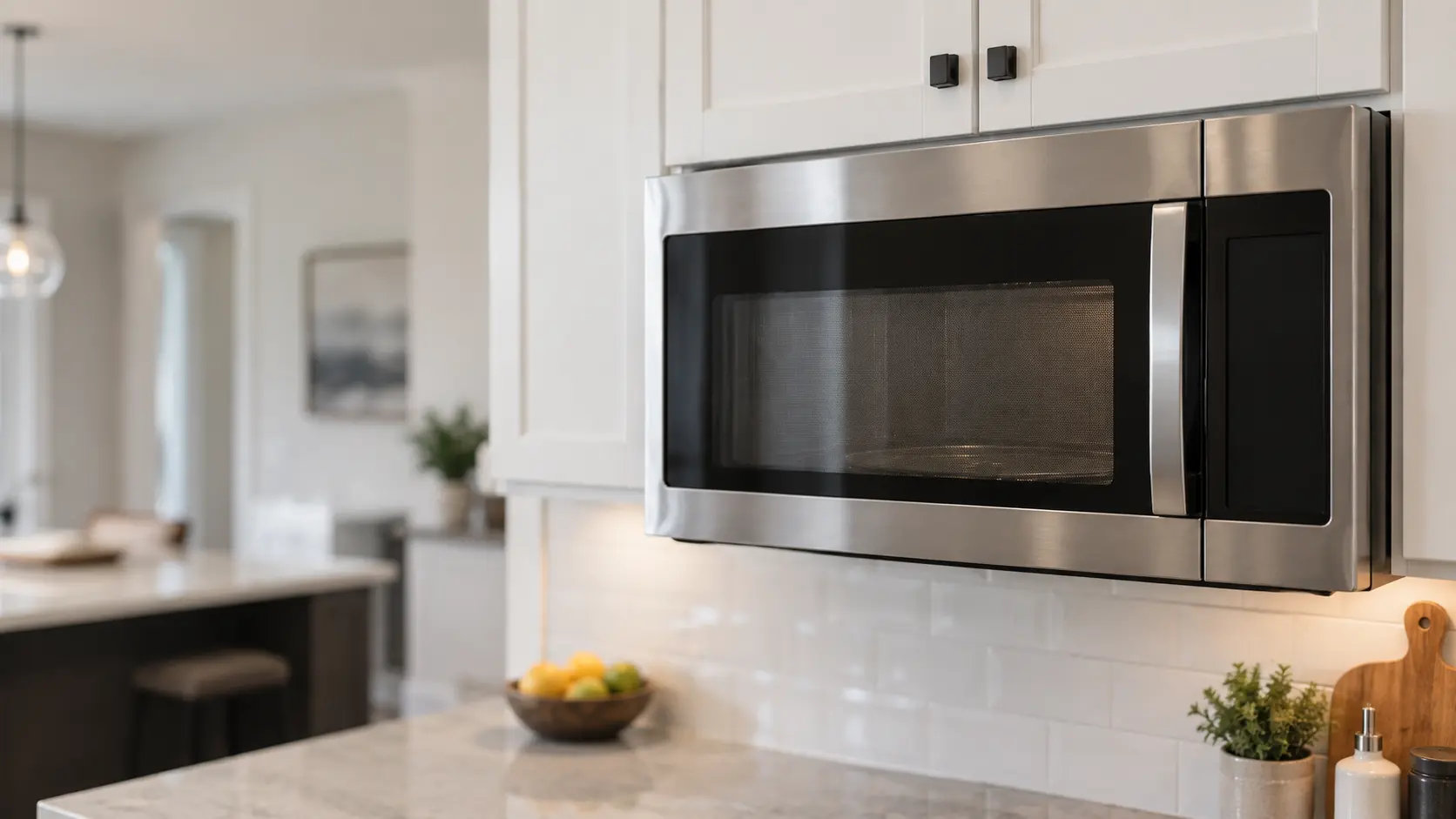 A stainless microwave hood combination mounted under white wall cabinets with its display completely dark and its side-hinged door with a mesh window closed, the microwave cavity unlit behind the mesh, a quiet kitchen in daylight.