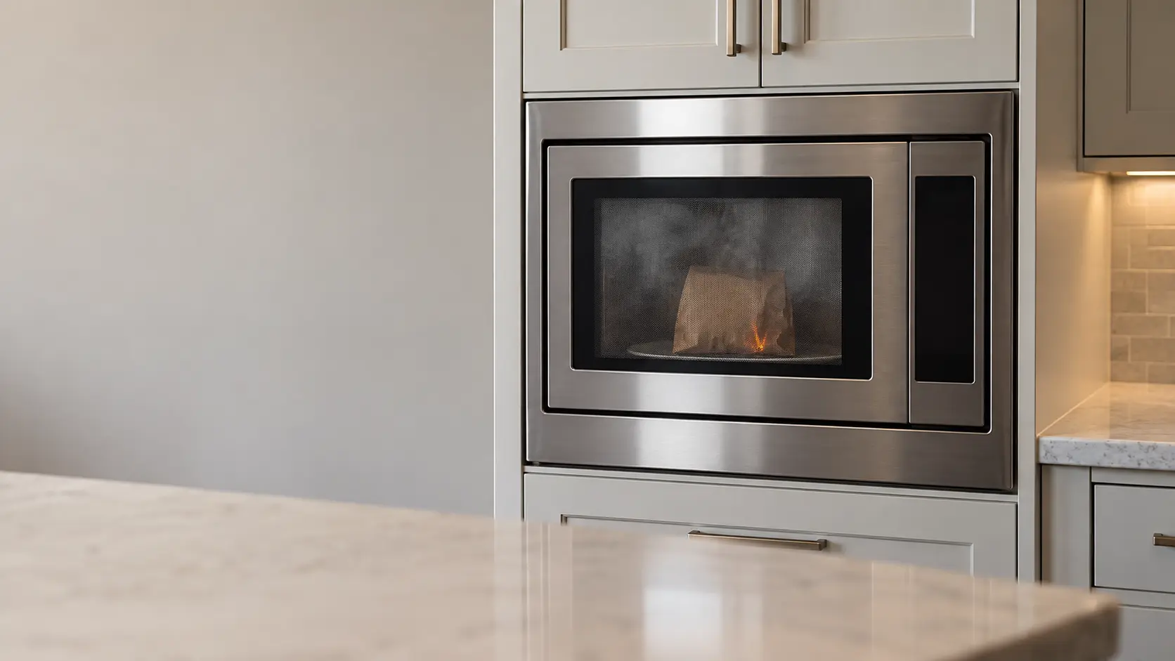 A built-in stainless microwave set in a tall kitchen cabinet, seen through its closed side-hinged door with a mesh window, grey smoke filling the microwave cavity and a small orange glow on a paper bag on the glass turntable, the door firmly shut.