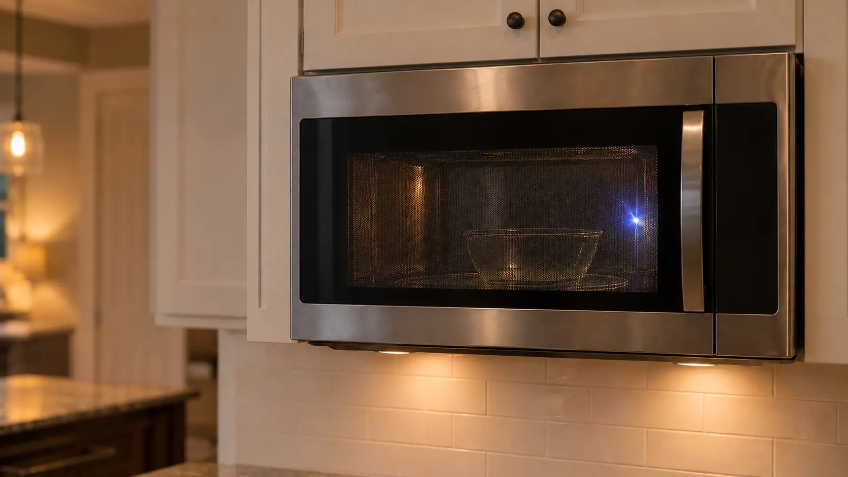 A stainless microwave hood combination mounted under wall cabinets, seen straight on through its closed side-hinged door with a mesh window, one small bright blue spark flashing inside the dim microwave cavity near the side wall beside a plain glass bowl on the glass turntable.