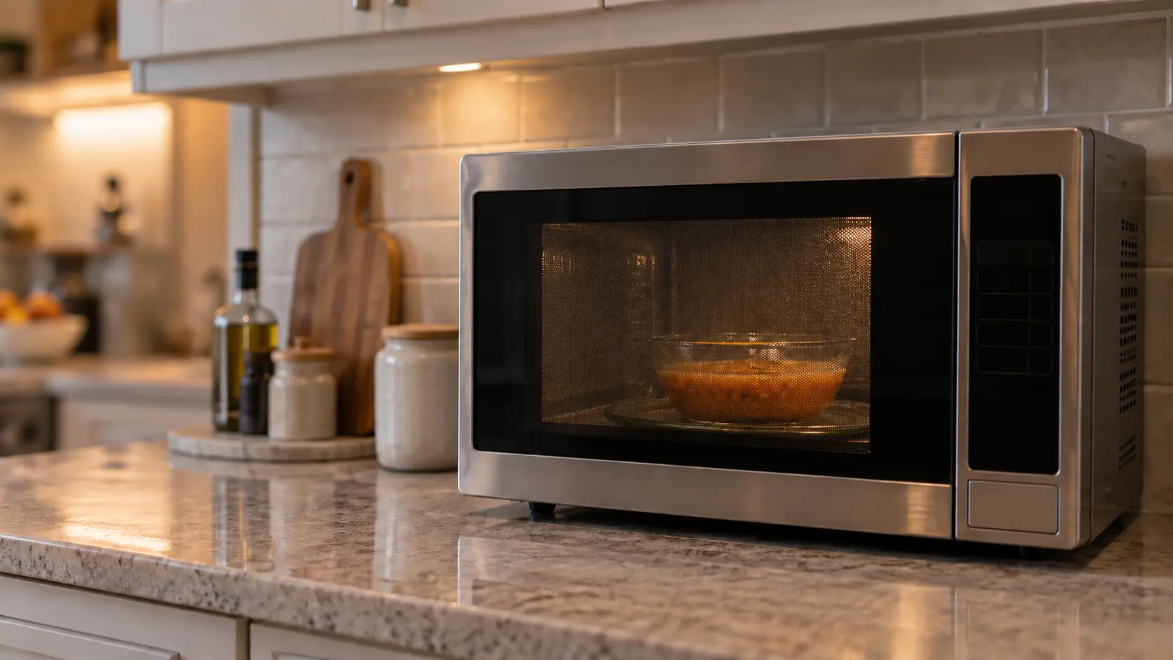 A countertop stainless microwave on a kitchen counter with its side-hinged door with a mesh window closed, a half-heated plain glass bowl of soup visible on the glass turntable inside the microwave cavity, the unit pushed tight against a tiled backsplash with no gap at the back.