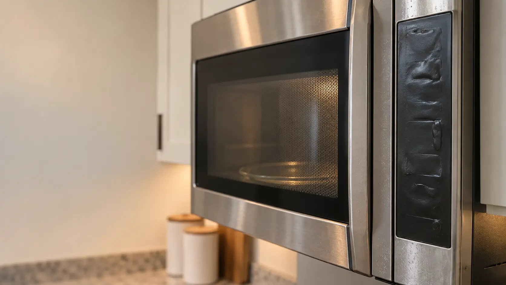 Close view of the membrane touchpad beside the side-hinged door with a mesh window of a stainless microwave hood combination, the keypad surface slightly bubbled and worn at a few keys with no characters printed on them, a faint film of steam on the edge of the microwave front.