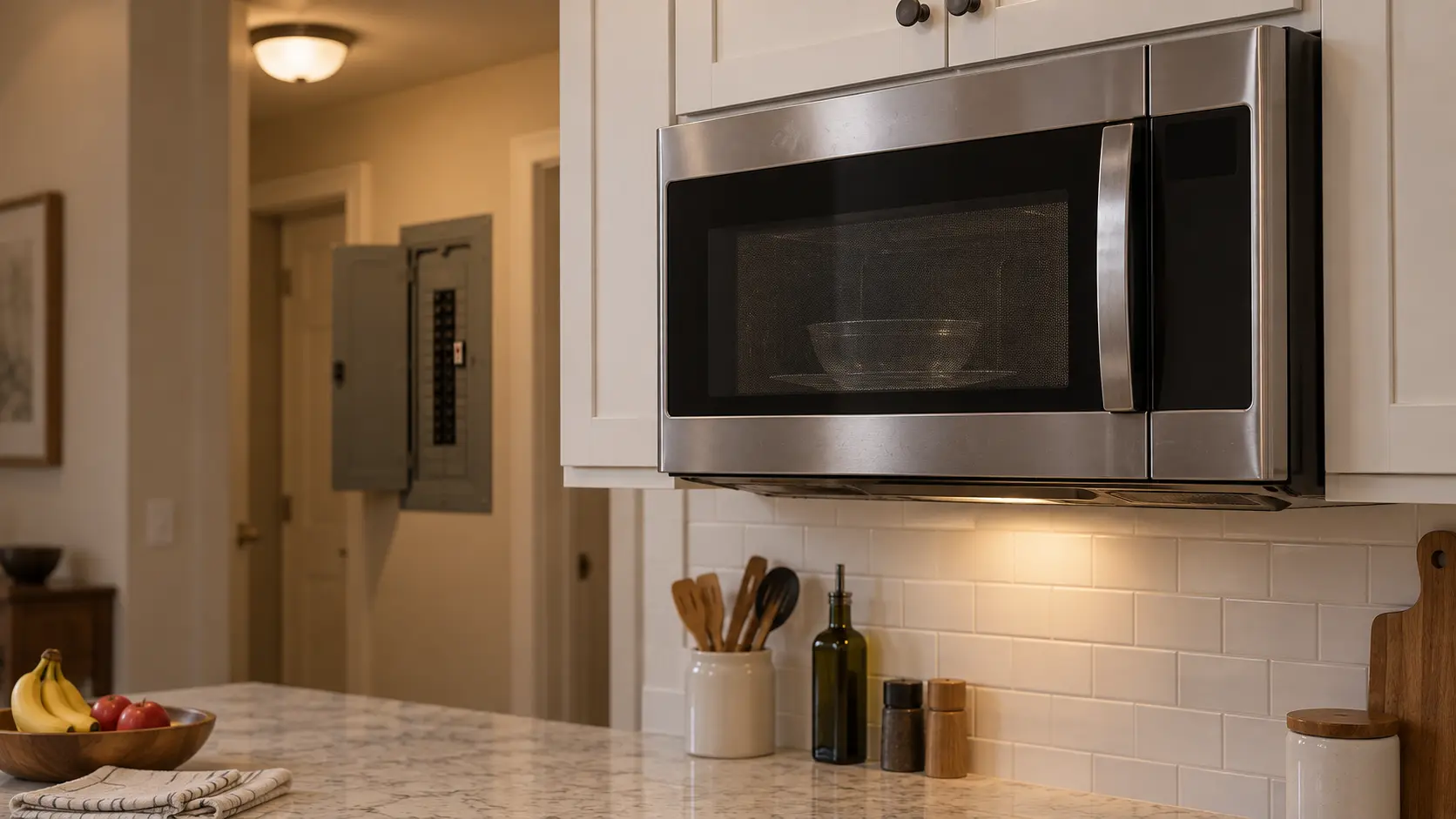 A stainless microwave hood combination under wall cabinets seen through its closed side-hinged door with a mesh window, the microwave cavity dark and the display blank with a plain glass bowl sitting on the still turntable, a kitchen breaker panel with one switch thrown sitting out of focus in a hallway beyond.