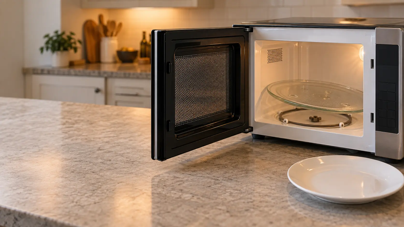Inside view of a countertop microwave with its side-hinged door with a mesh window open, the round glass turntable lifted slightly off center with its plastic roller ring and small center coupler visible on the microwave cavity floor, a plain white plate set aside on the counter beside it.