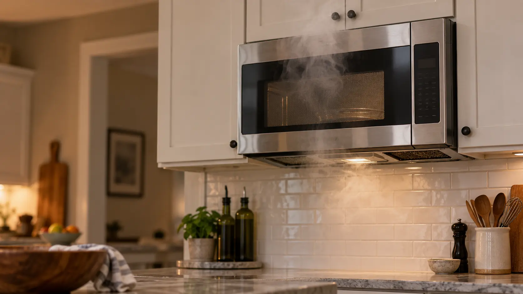 A stainless microwave hood combination under wall cabinets with its side-hinged door with a mesh window closed, soft steam rising from below past the front of the microwave and drifting up against the cabinet doors, one mesh grease filter under the unit dark with grease.
