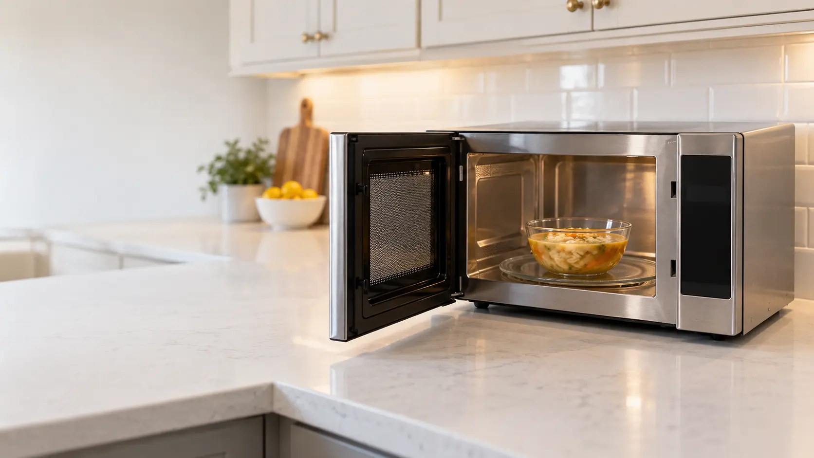 A stainless countertop microwave standing on a white quartz counter against a subway tile backsplash in a bright US kitchen, the microwave's side-hinged door open to show a glass turntable with a plain glass bowl of soup on it, a wooden cutting board and a bowl of lemons at the edge of the frame.