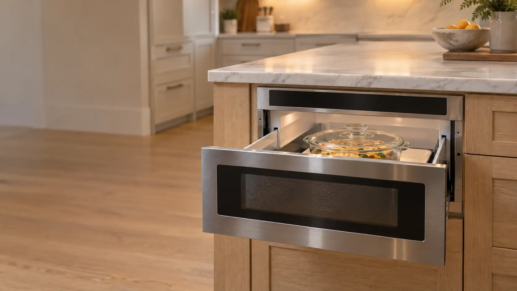 A stainless microwave drawer built into a light oak kitchen island under a marble counter in a US home, the microwave drawer slid fully open toward the camera to show its flat interior with a plain covered glass casserole dish inside, the control strip along the top edge of the microwave blank or showing plain digits only.