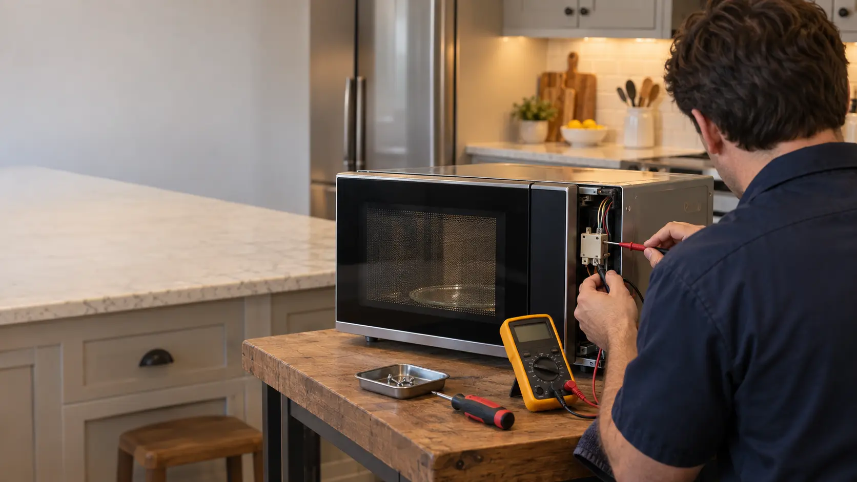 A repair technician in a plain navy work shirt at a workbench testing a microwave door switch with multimeter probes, face turned away.