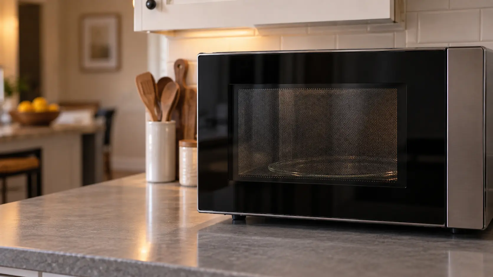 The dark glass door and mesh window of a microwave filling the frame, soft light.