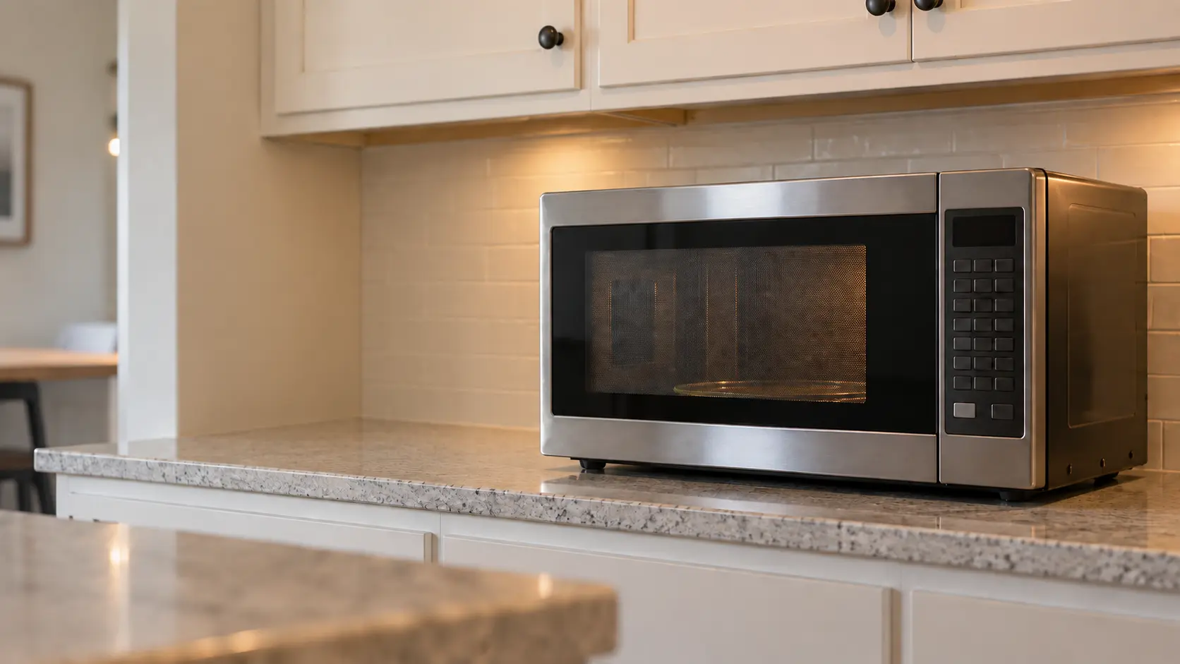 The membrane keypad beside the door of a countertop microwave, the display showing plain digits and one key worn smooth at its center.