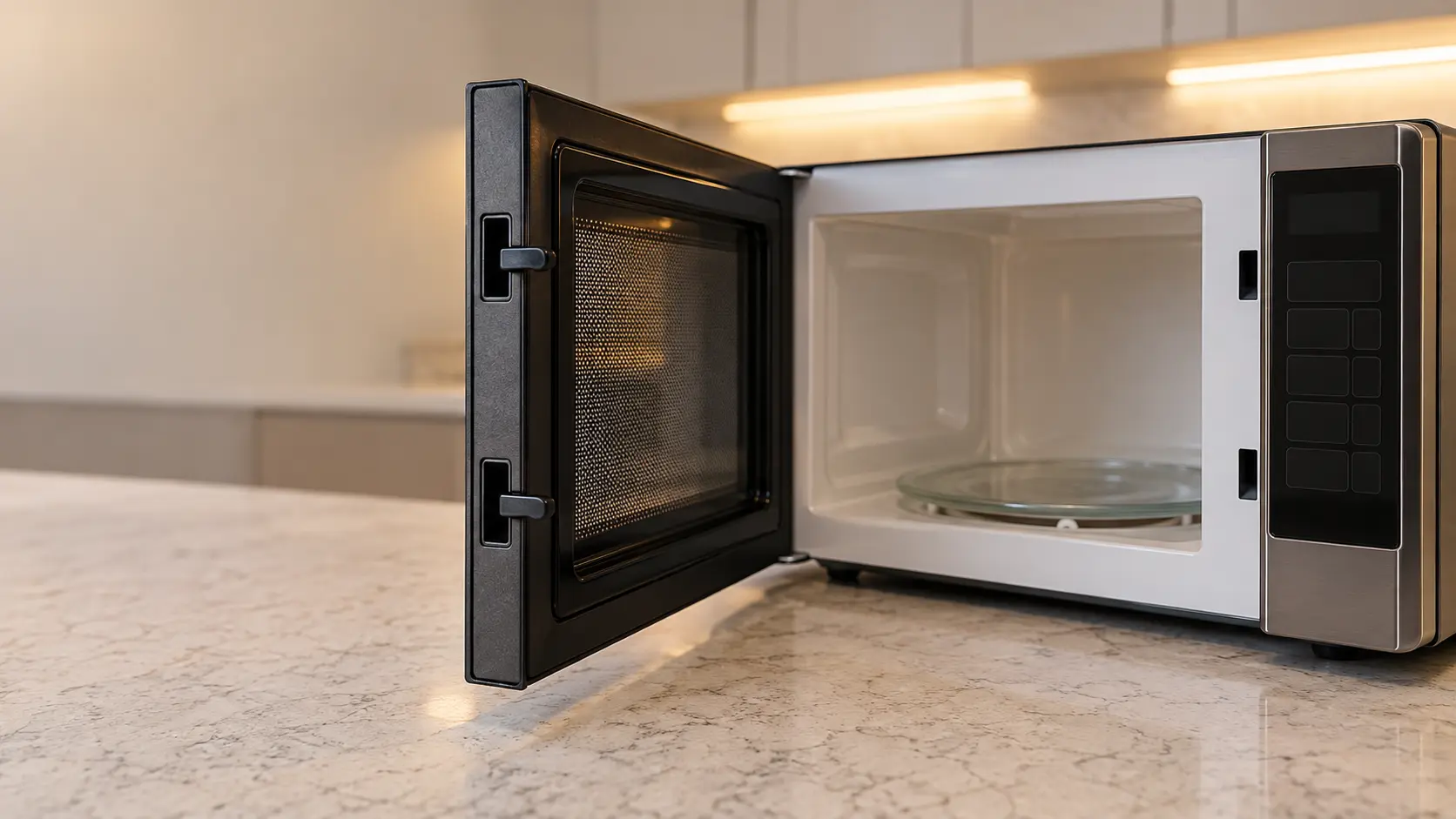 The latch hooks on the inside edge of an open microwave door with its mesh window, beside the slots in the frame they lock into, the cavity empty.