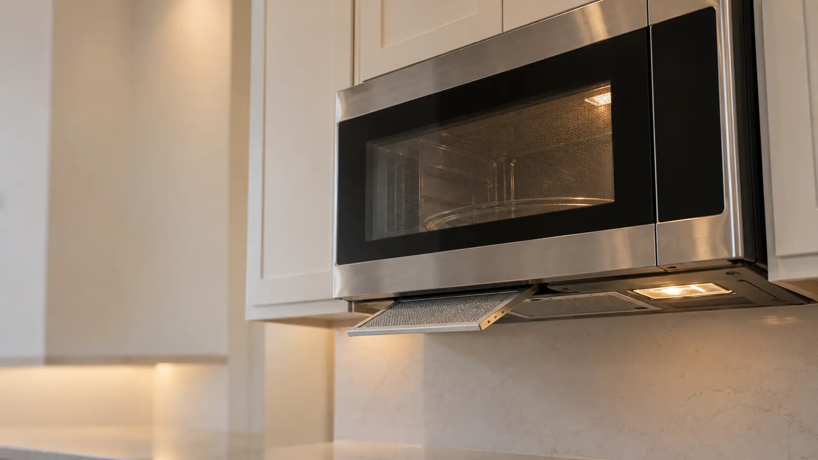 The underside of a stainless microwave hood combination under wall cabinets, one mesh grease filter slid half out of its slot, the microwave's lamp lit below it.