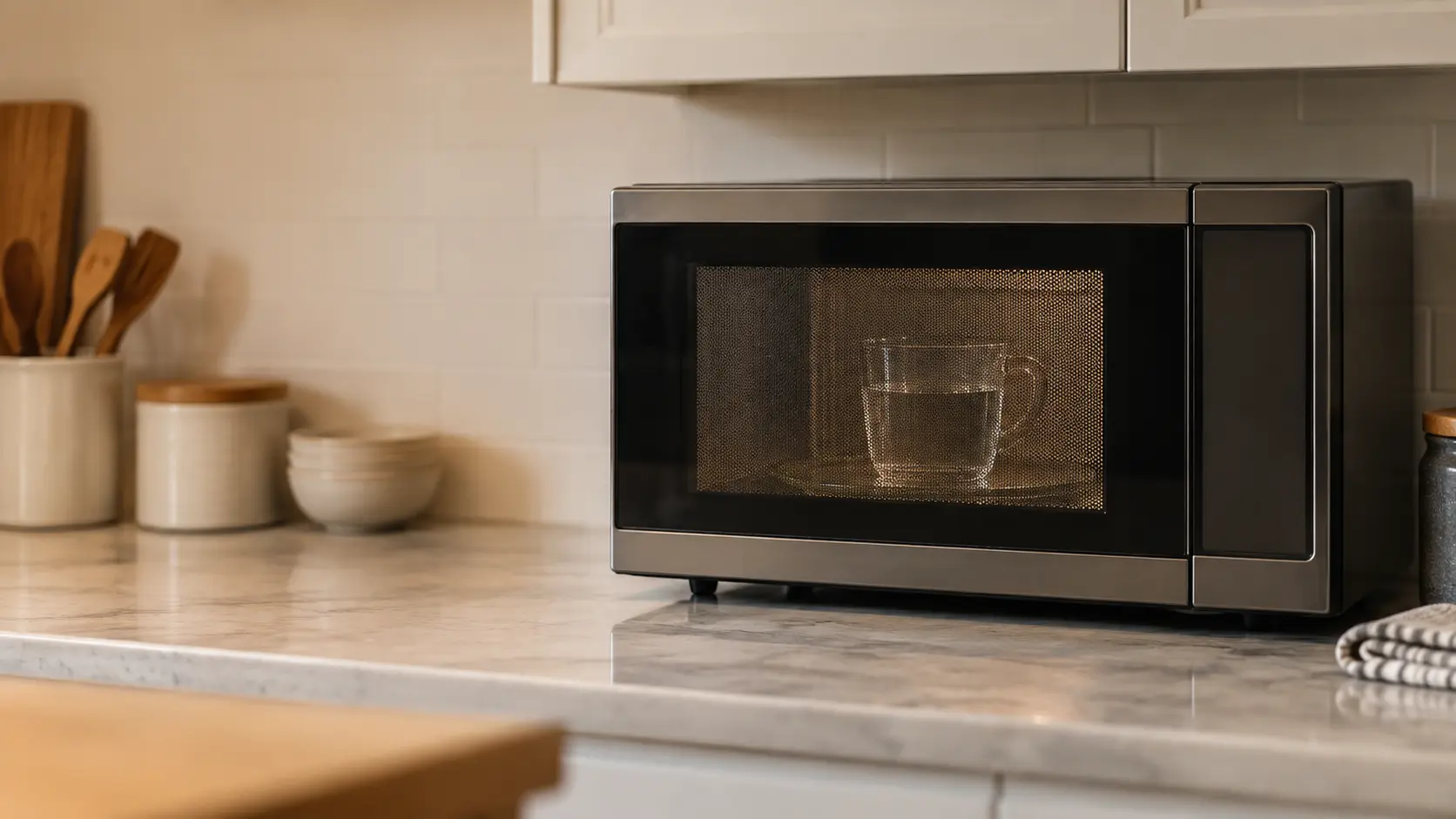 A countertop microwave with its door closed, a plain glass measuring cup of water sitting still on the turntable behind the mesh window, the display showing plain digits.