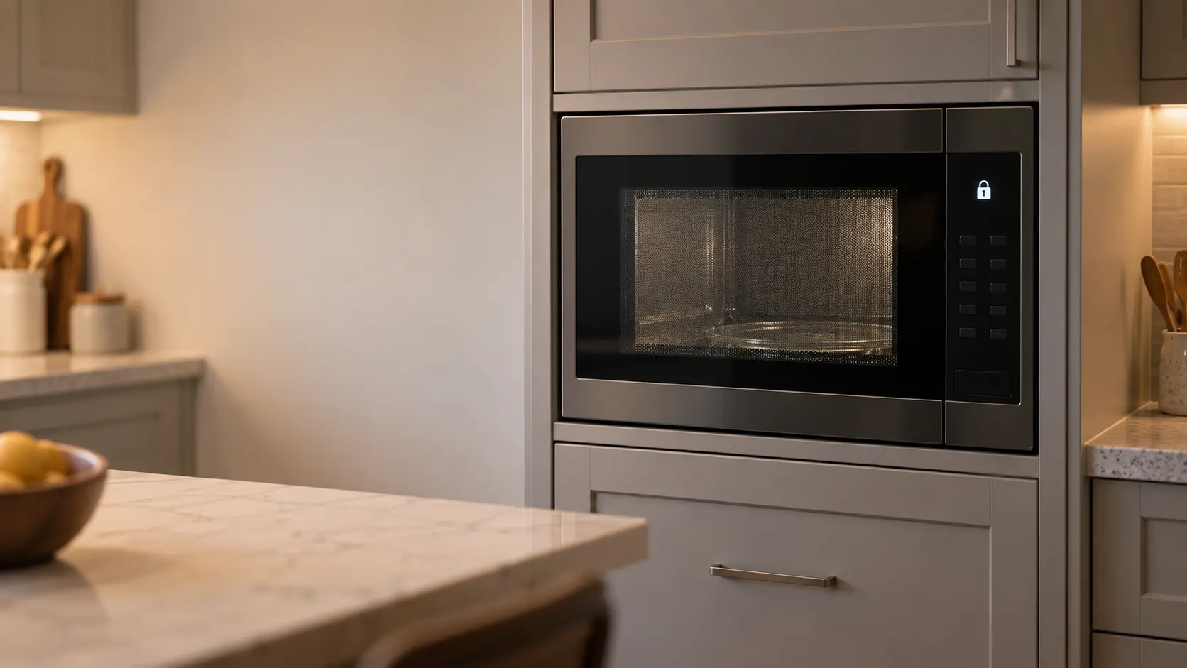 The keypad of a built-in microwave in a tall cabinet, a small padlock symbol lit on the plain display, the mesh-window door closed on an empty glass turntable.