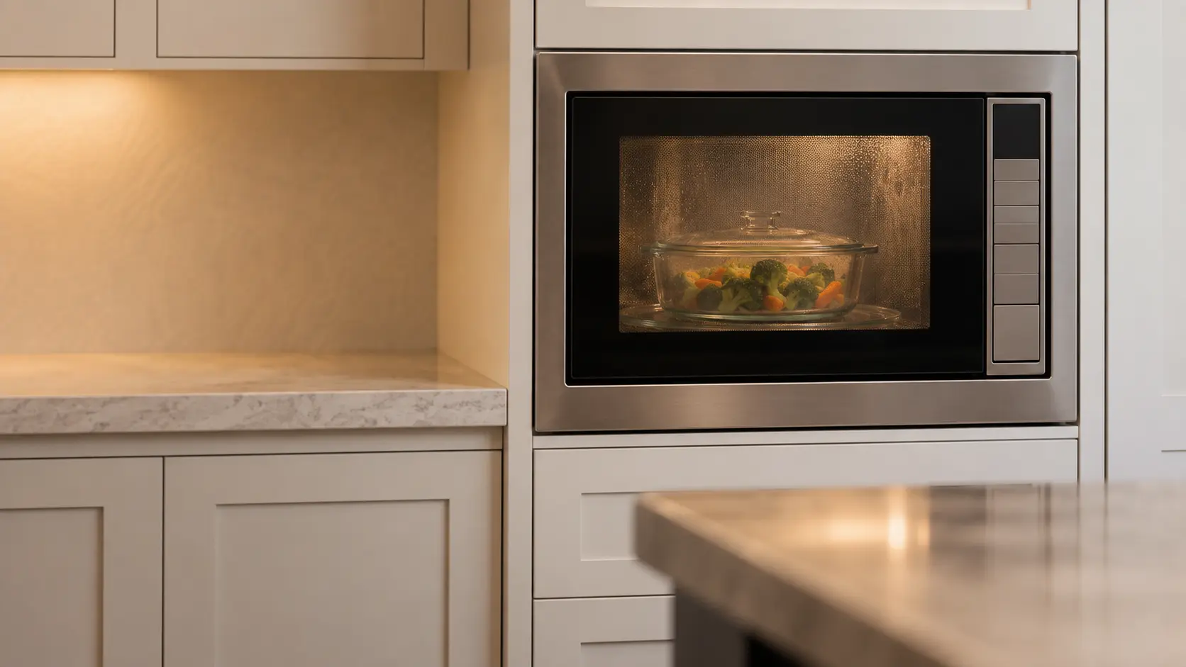 A built-in microwave in a kitchen cabinet stopped halfway through a cycle, a covered glass dish of vegetables inside behind the mesh window and a faint wisp of steam on the glass.
