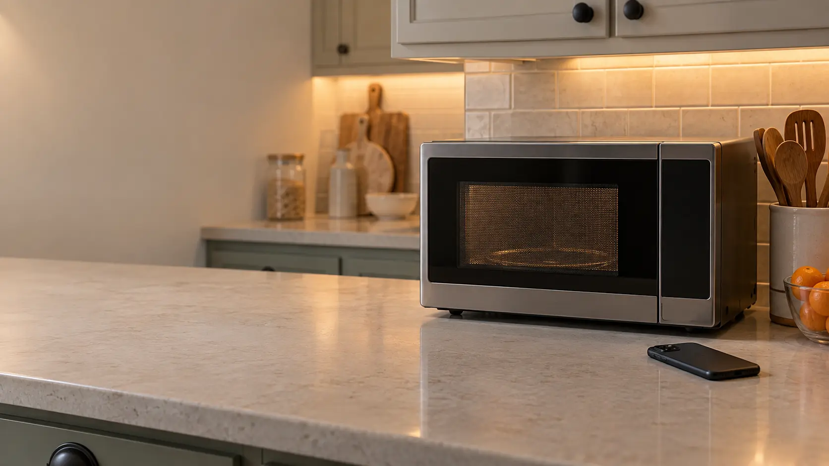 A kitchen counter with a phone lying face down on it beside a countertop microwave.