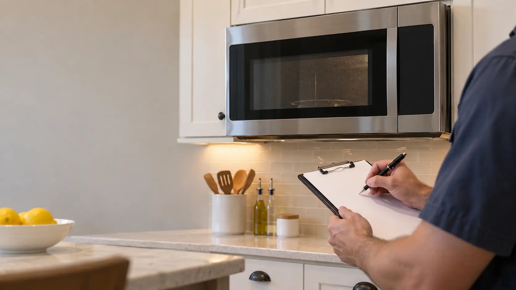 A technician writing on a blank clipboard in a kitchen beside a microwave, the page empty of any writing.