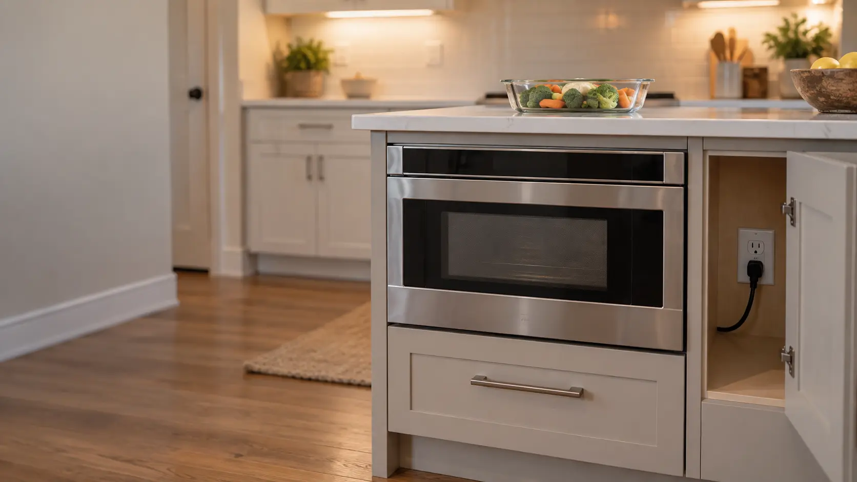 A microwave drawer built into the lower cabinets of a kitchen island with its drawer closed and a blank display, beside it an open cabinet door showing a plain white grounded wall outlet with the microwave plug in it, a plain glass dish of vegetables on the counter above, soft daylight.