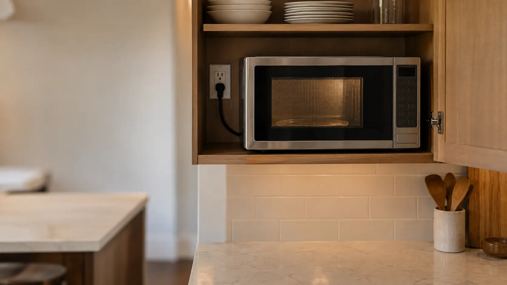 Close on a single outlet inside a kitchen wall cabinet with one plug in it, the cabinet door open.