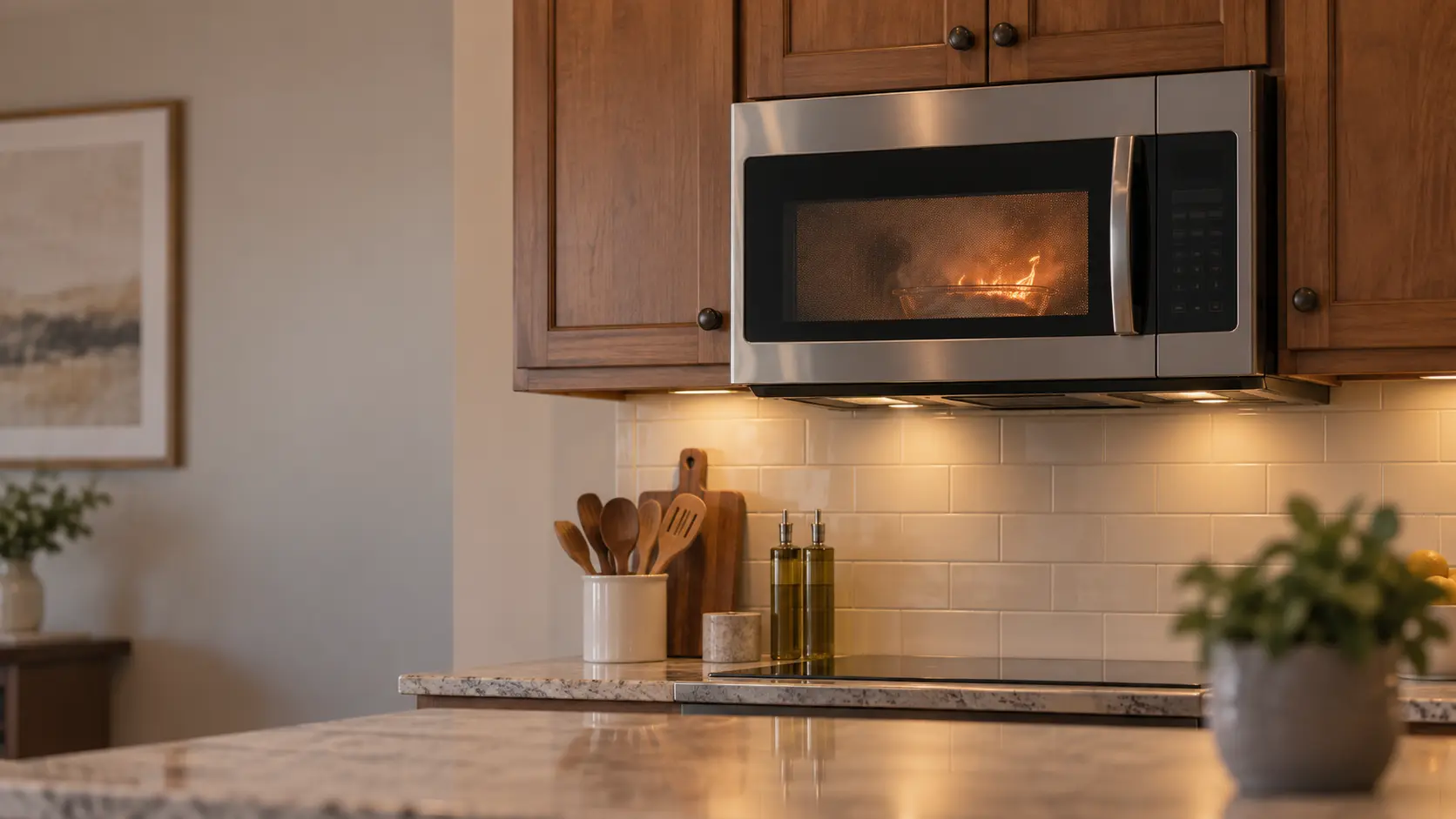 A stainless microwave hood combination mounted under wood wall cabinets in a home kitchen, seen from across the room with nobody near it, its door firmly closed and an orange glow of small flames and gray smoke visible only through the mesh door window around a plain glass dish on the turntable, the cooking surface below out of focus, the microwave display blank.