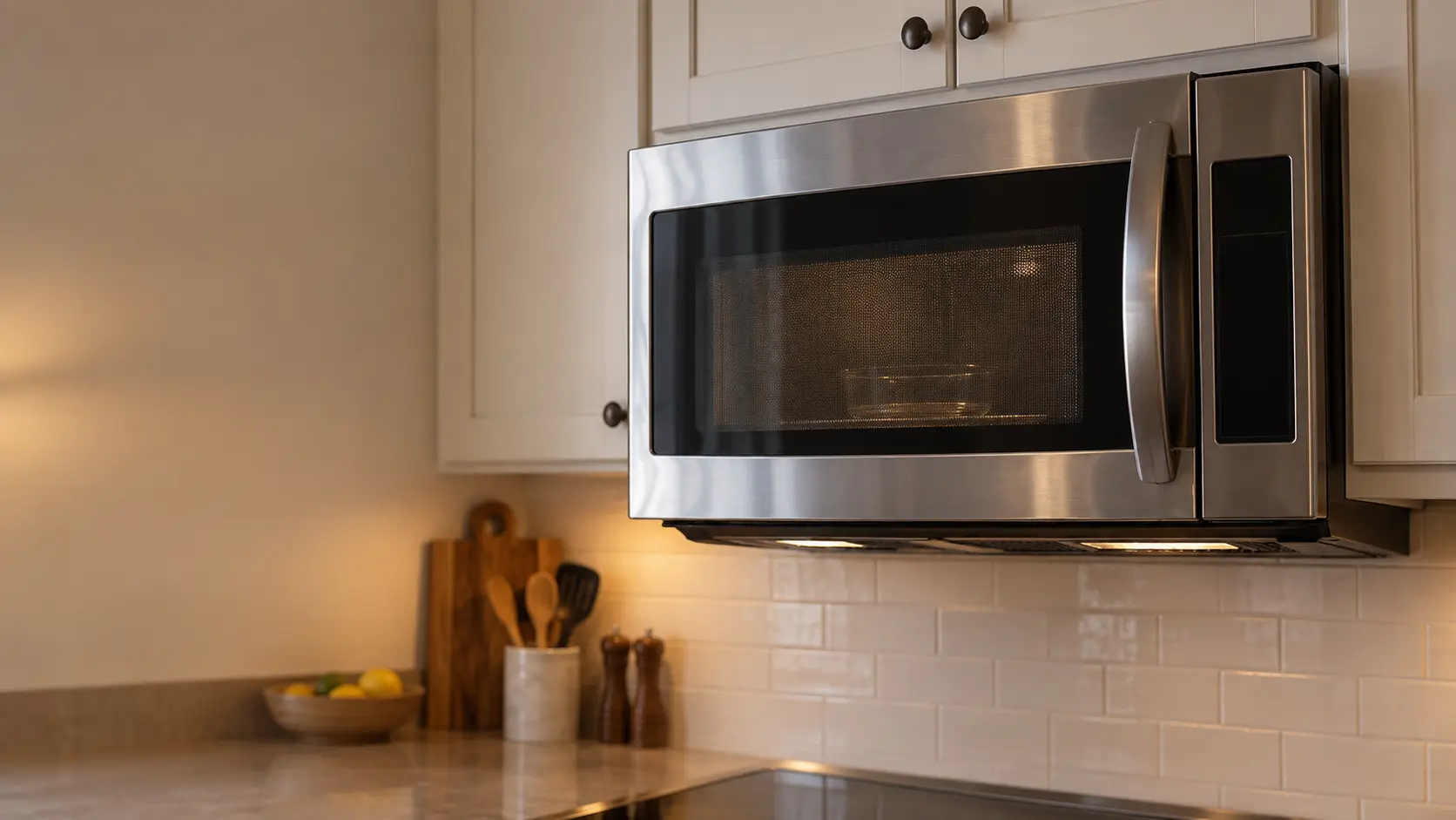 A stainless microwave hood combination under wall cabinets in a home kitchen, its side-hinged door closed but standing slightly out from the microwave front at the top corner, a plain glass dish on the glass turntable seen through the closed door window, the display blank, the cooking surface below cropped out of focus.