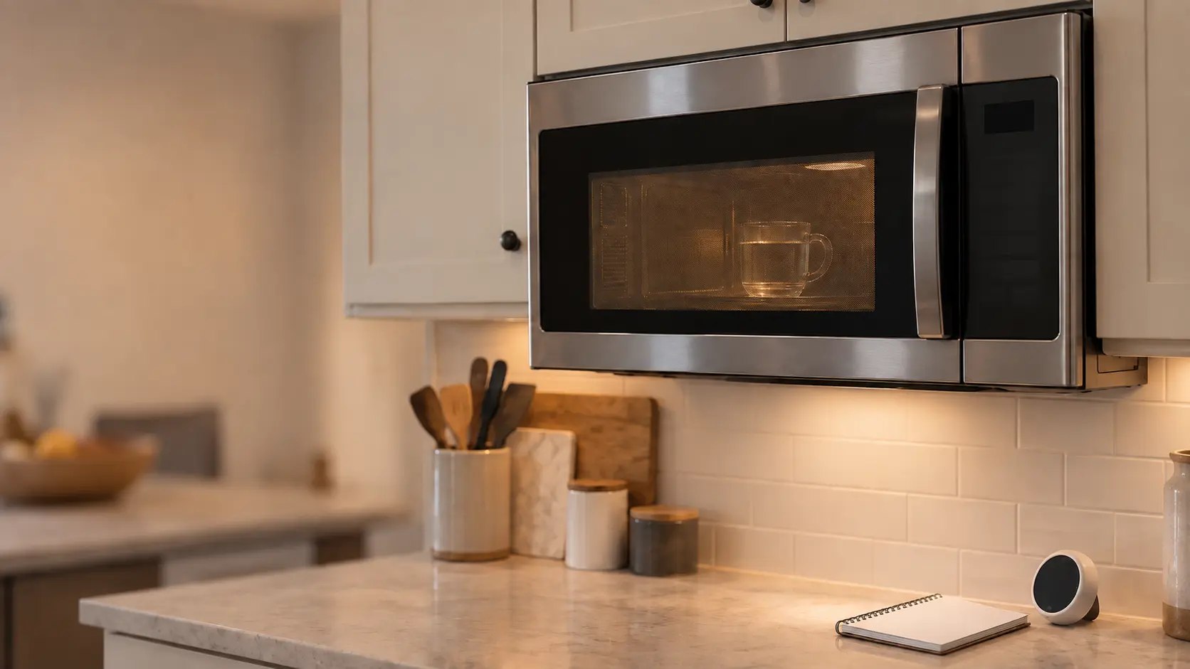 A stainless microwave hood combination under kitchen wall cabinets with its door closed and cavity light on, a plain glass mug of water on the turntable seen through the microwave's mesh window, a small notebook and a timer on the counter below.