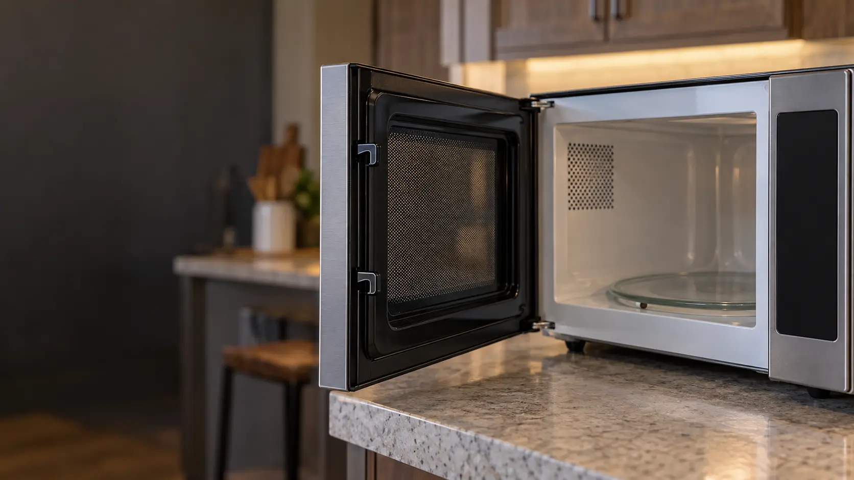 Close on the door edge and latch hooks of an open microwave, clean and straight.