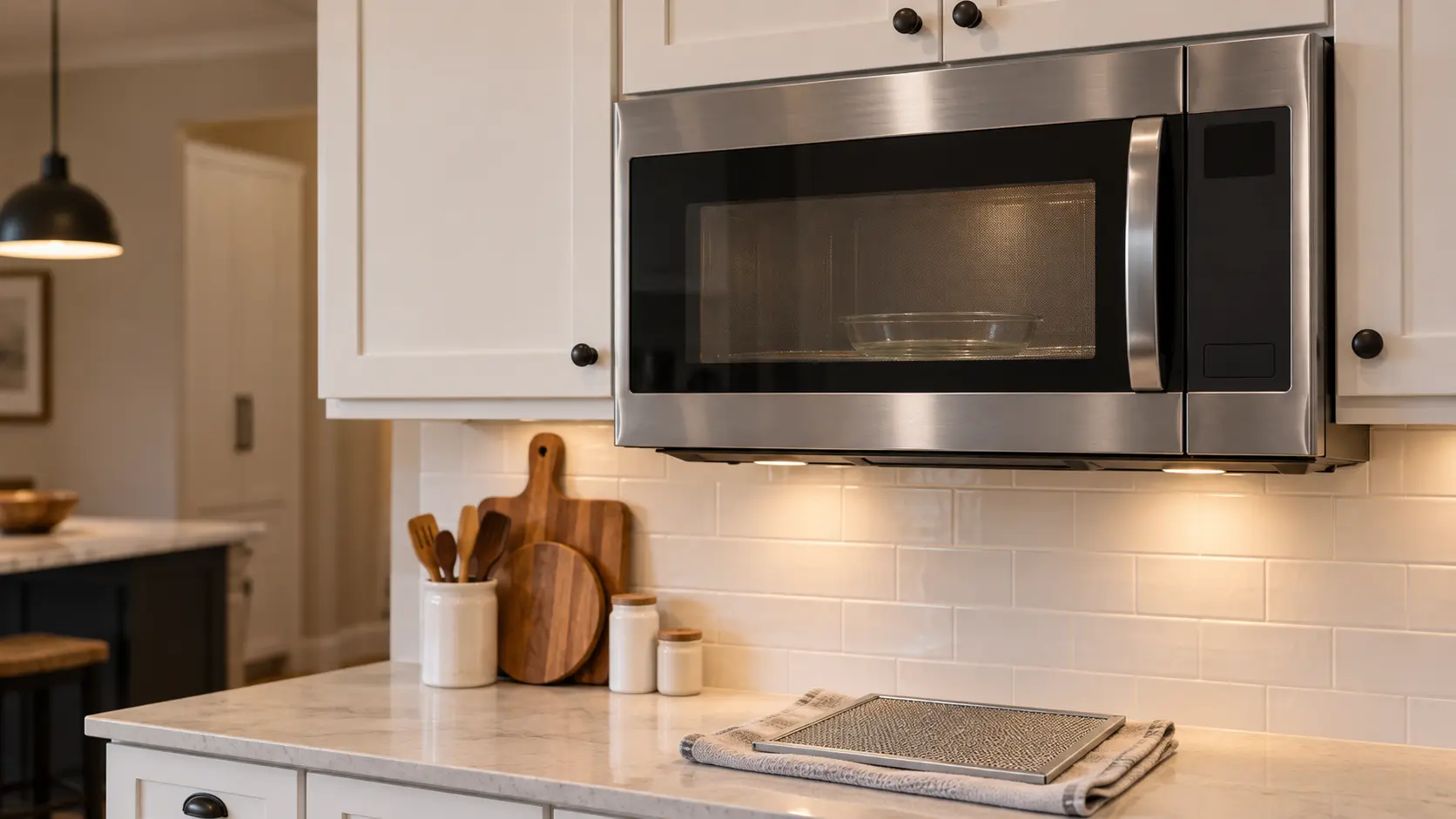 A stainless microwave hood combination mounted under white wall cabinets, one metal mesh grease filter lying clean on a folded towel on the counter below, a plain glass dish on the microwave turntable seen through the window.