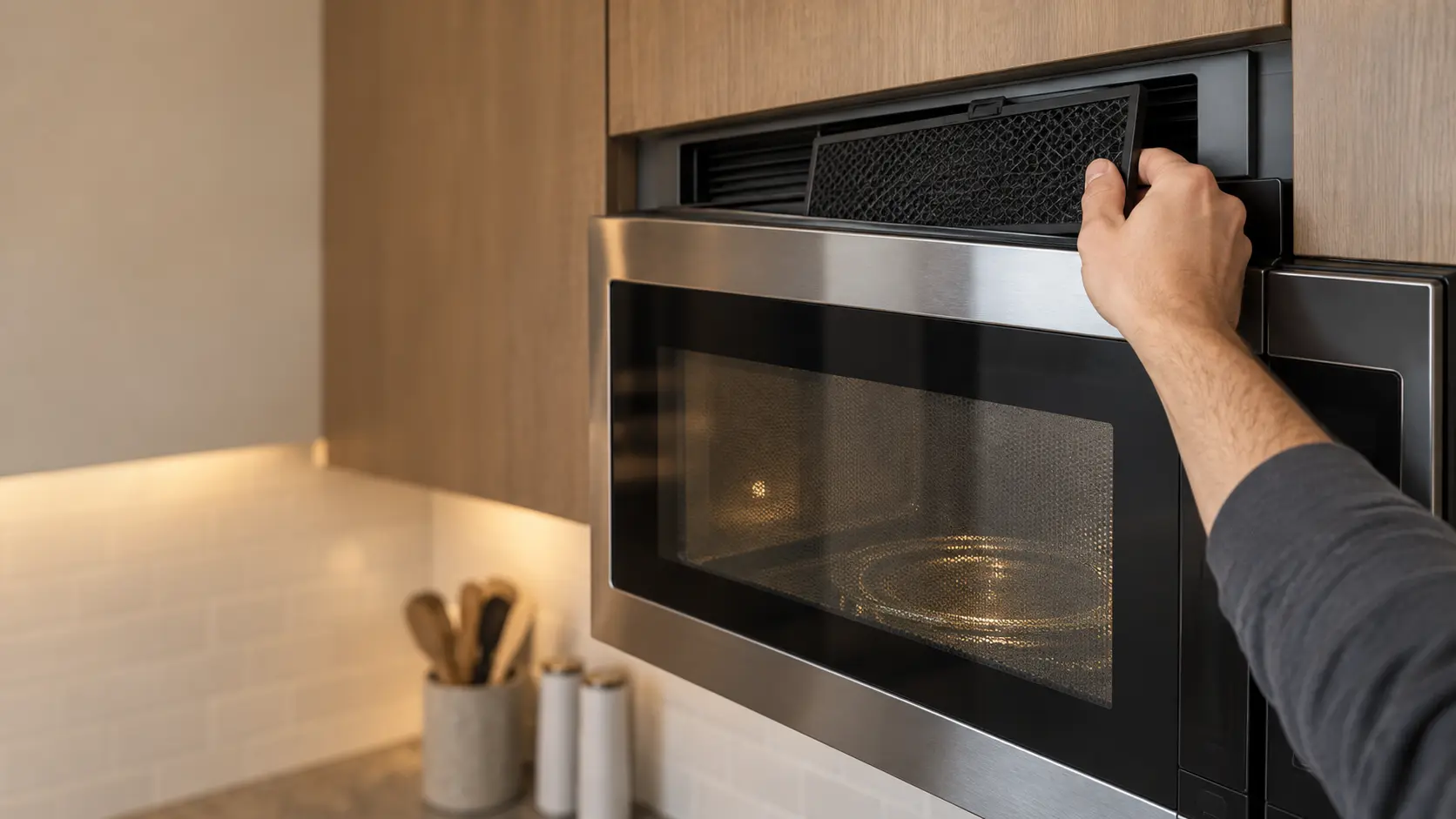 Close on a hand sliding a charcoal filter into the top vent of a microwave hood combination.