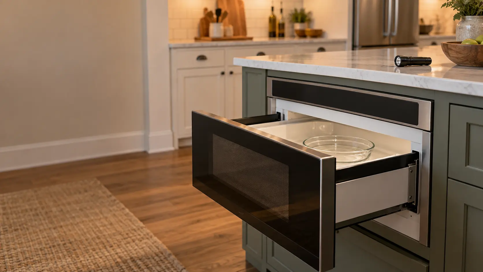 A microwave drawer set in a painted kitchen island in a US home, the microwave drawer pulled fully open with a plain glass dish inside, a flashlight lying on the counter above it, a plain blank control strip.