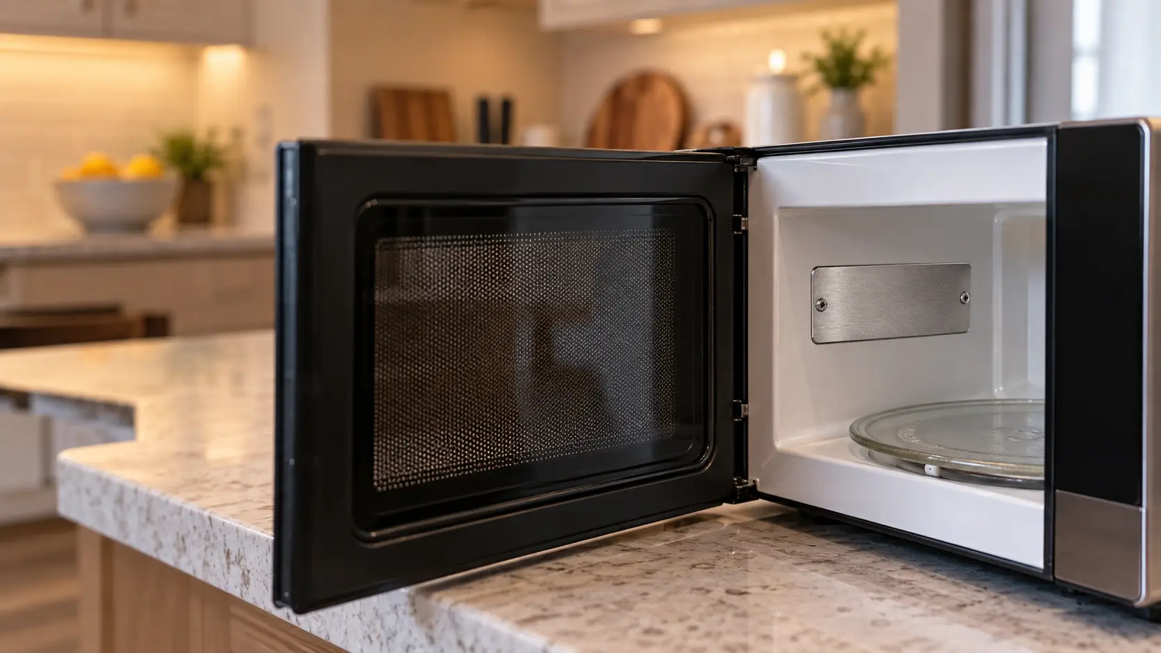 Close on a small blank metal plate with no characters on the frame of a microwave, seen through its open door.