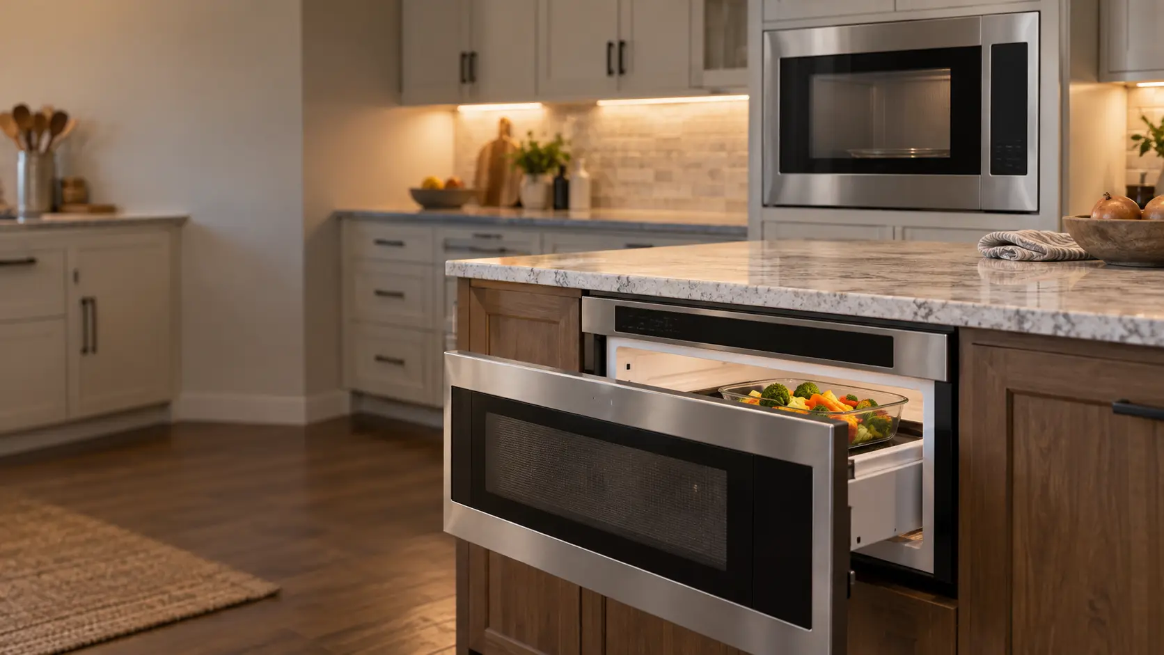 A stainless microwave drawer pulled open in a kitchen island beside a built-in microwave in a tall cabinet above it, a plain glass dish of vegetables inside the drawer microwave.