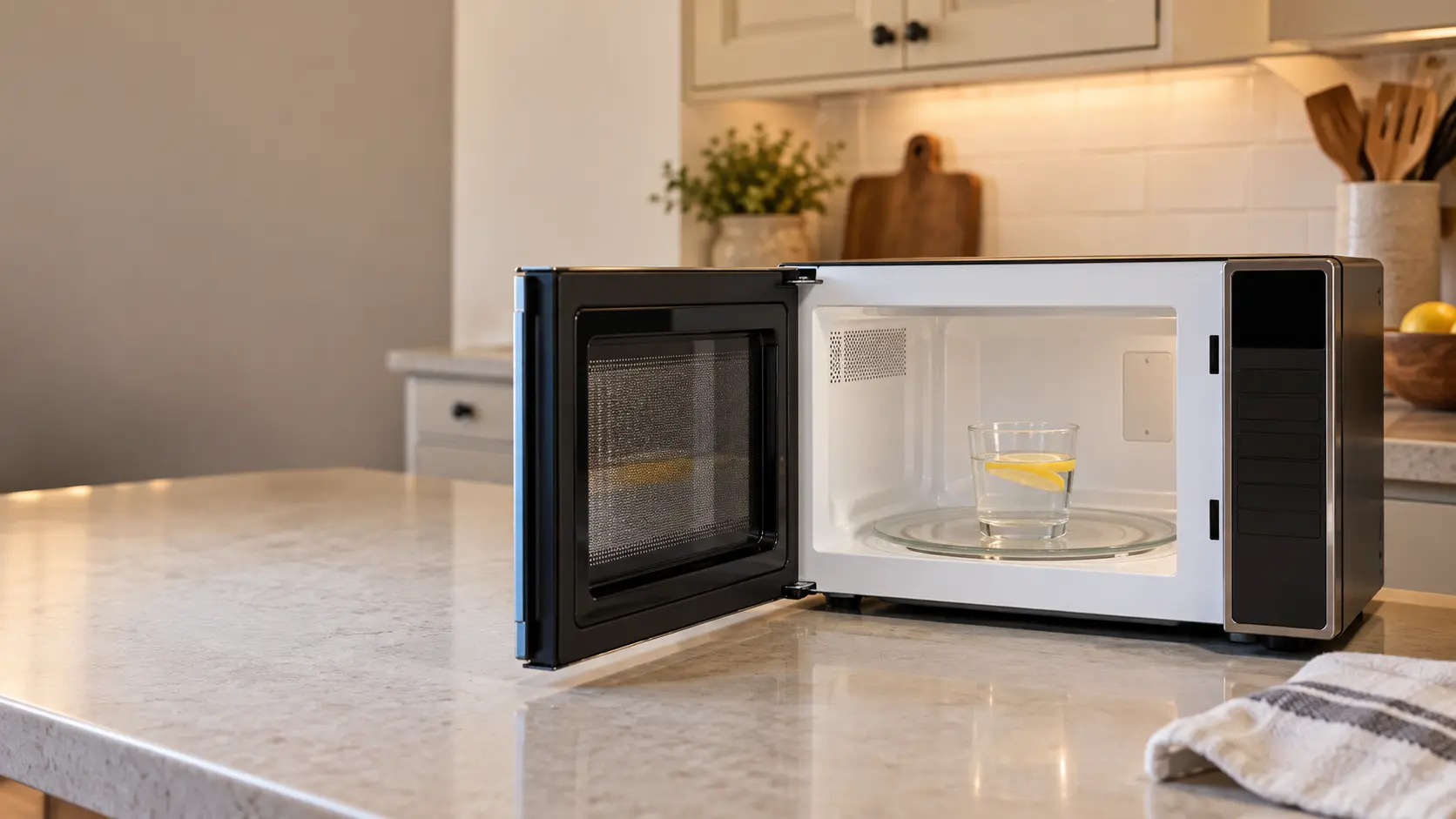 The open door of a countertop microwave on a kitchen counter showing a clean cavity, a plain glass cup of water with a lemon slice on the glass turntable and the pale rectangular waveguide cover on the microwave's side wall.