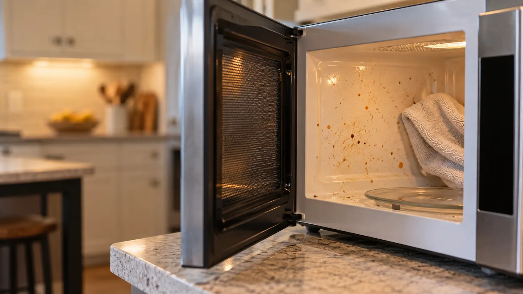Close on a soft cloth wiping splatter from the inside wall of a microwave cavity, the door open.