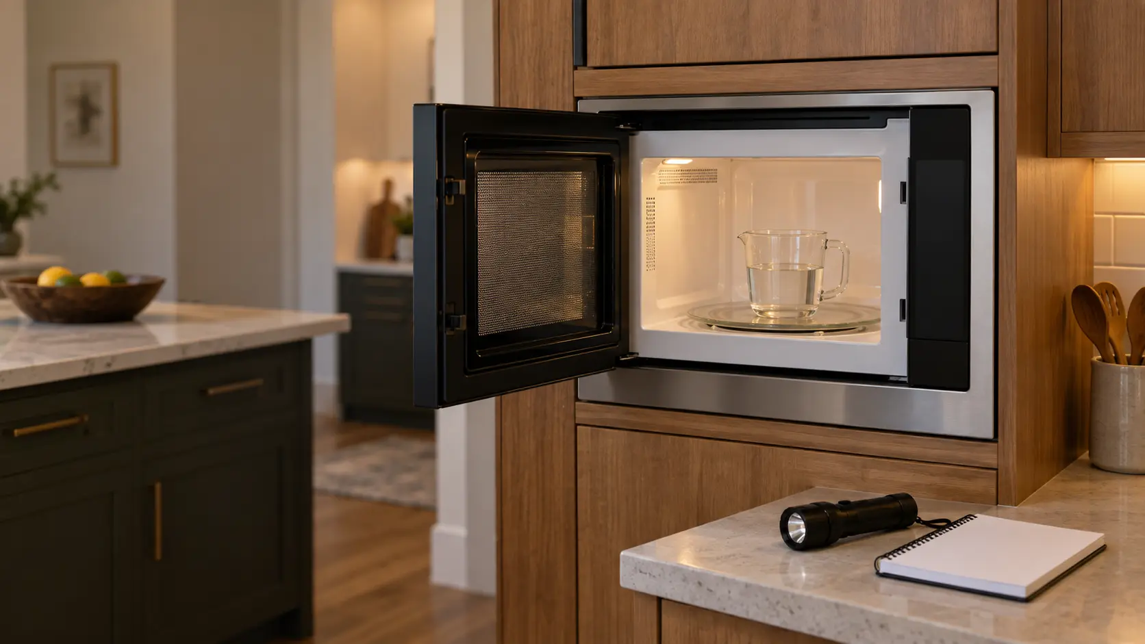A built-in microwave set in a tall wood cabinet in a US home kitchen, its side-hinged door open with a glass measuring cup of water on the glass turntable, a flashlight and a notepad on the counter below the microwave, the display blank.