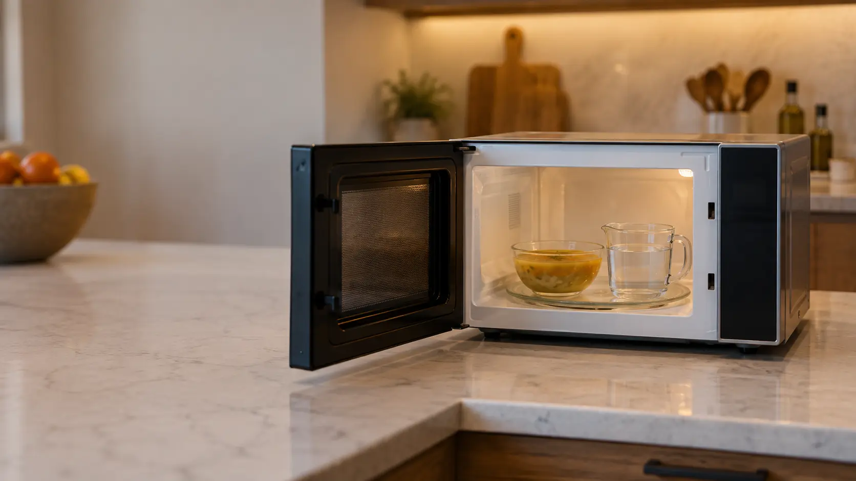 A countertop microwave on a quartz counter in a US home kitchen, its door open to show a plain glass bowl of soup and a glass measuring cup of water on the glass turntable, the microwave's display blank.