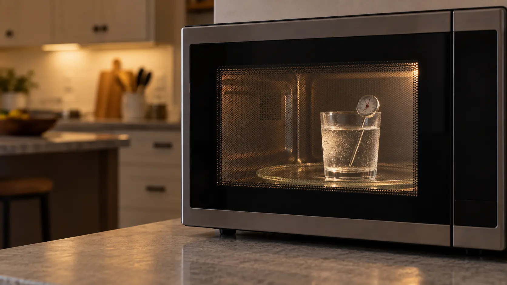 Close on a cold glass of water on the turntable of a microwave, a small kitchen thermometer standing in it.