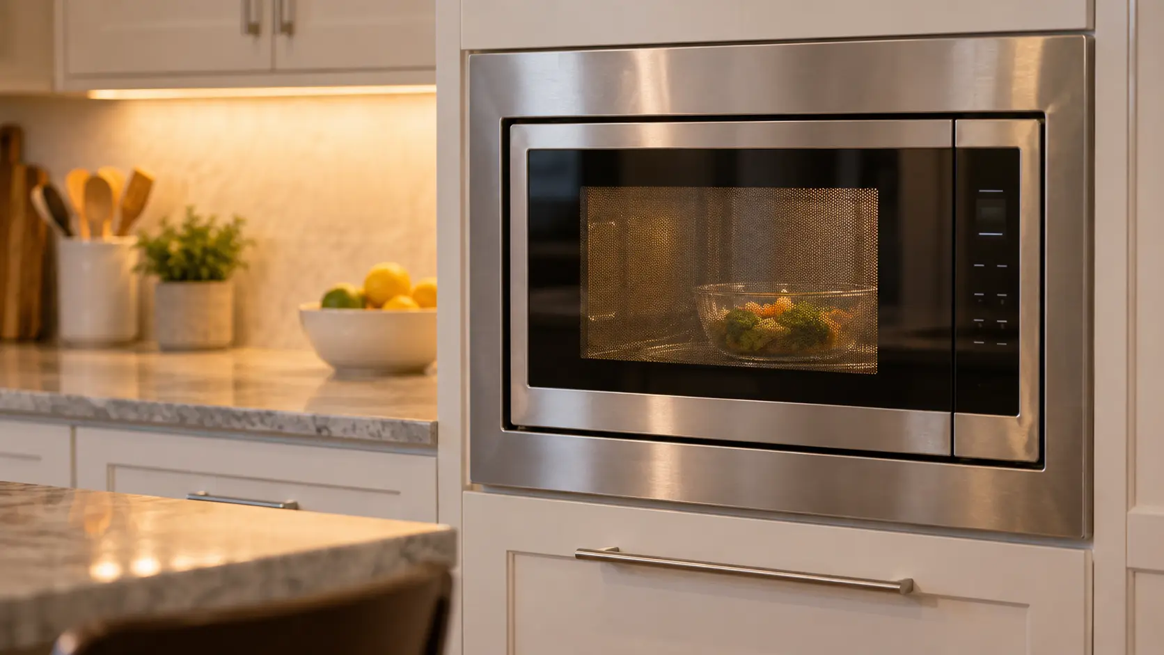 A close view of a stainless built-in microwave in a US home kitchen cabinet, its touch control strip glowing with plain unlit segments and no readable characters, a plain glass bowl visible through the closed microwave door window.