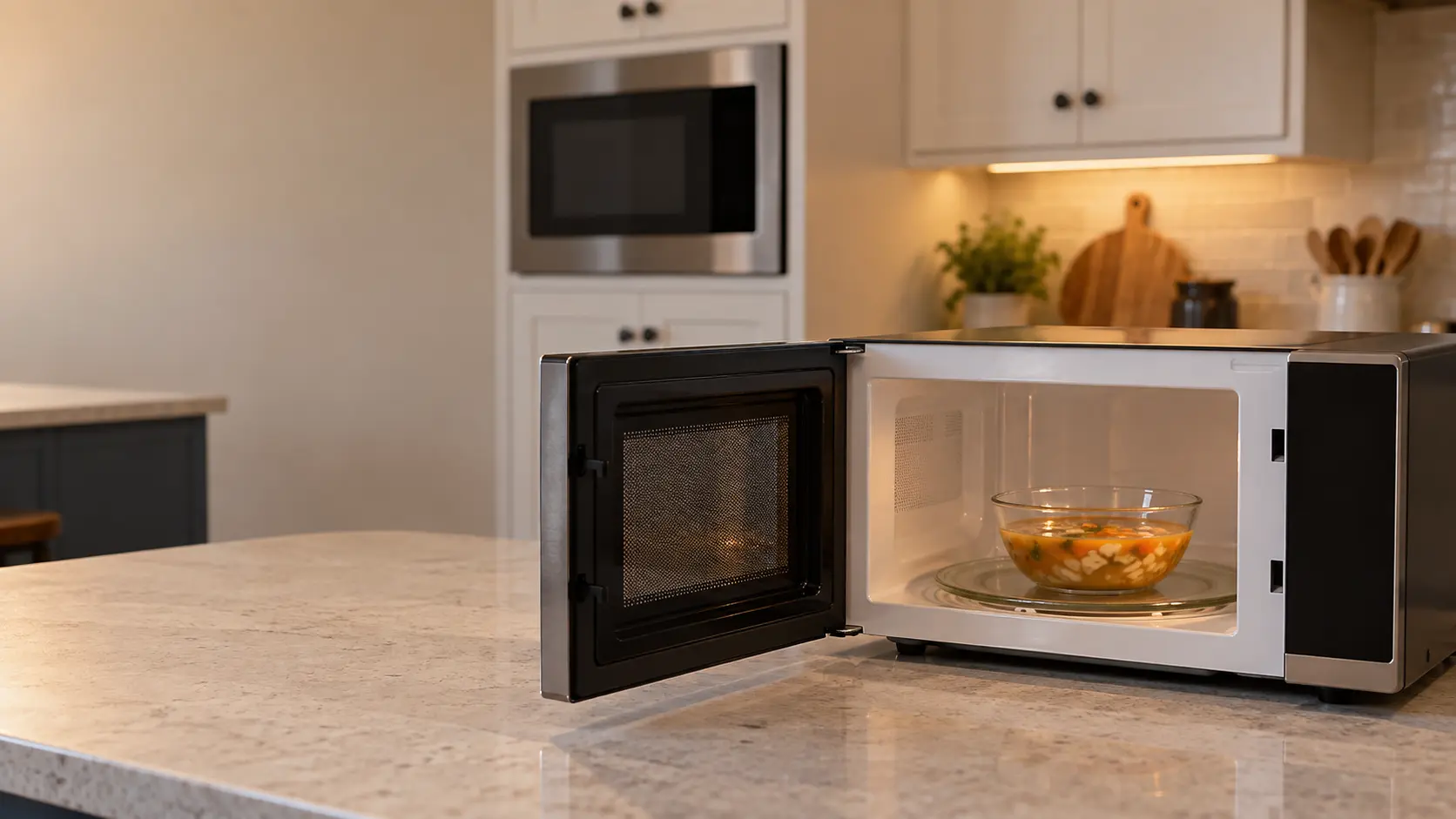 A countertop microwave on a kitchen counter with its door open and a plain glass bowl of soup on the turntable inside, a second microwave built into the tall cabinet behind it.
