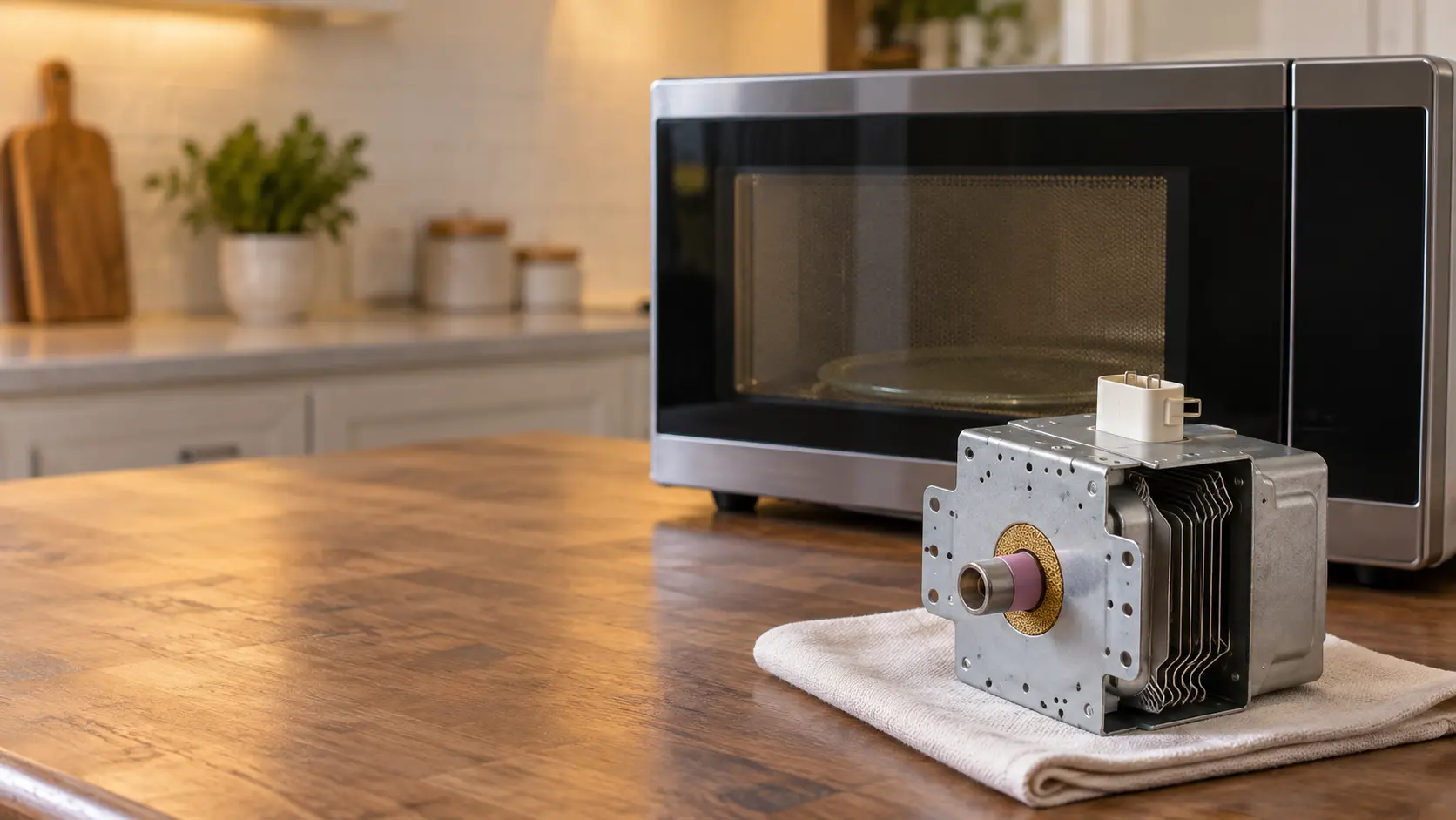 Close on a new magnetron part for a microwave resting on a folded cloth on a workbench.