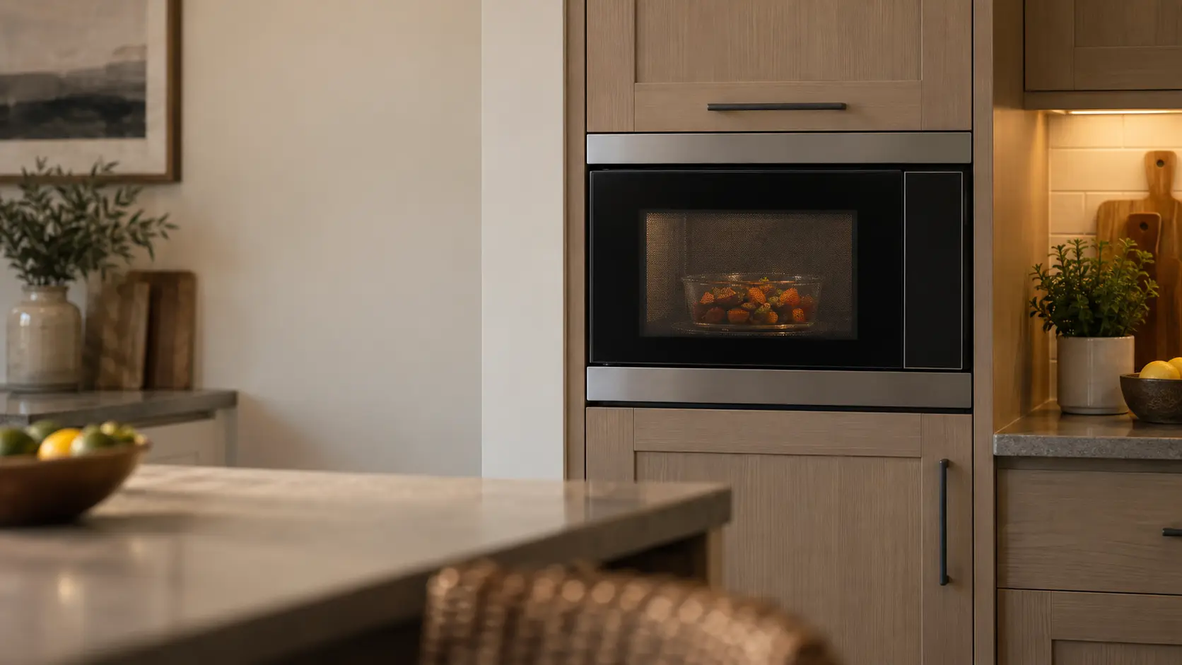 A built-in speed oven microwave set in a tall kitchen cabinet with its door and mesh window closed, a plain glass dish of browned vegetables visible inside the microwave.