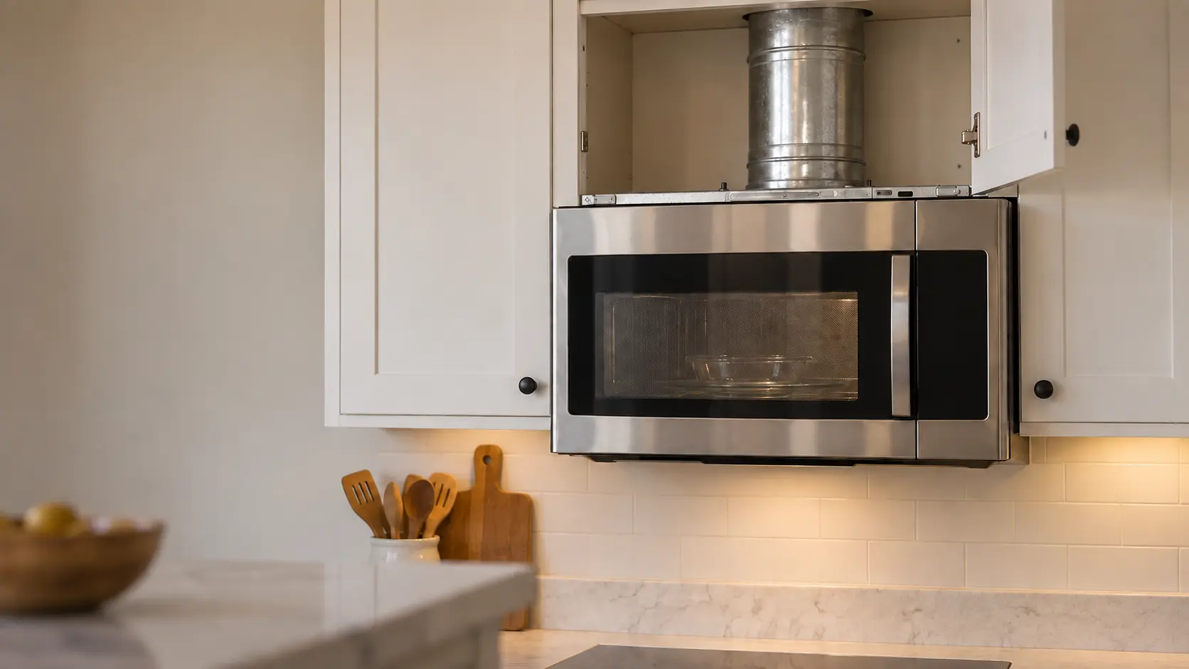 A stainless microwave hood combination under white wall cabinets in a home kitchen, a round metal duct rising from the top of the microwave into the open cabinet above, the microwave door closed with a plain glass dish on the turntable behind the door window, the cooking surface below cropped out of focus.