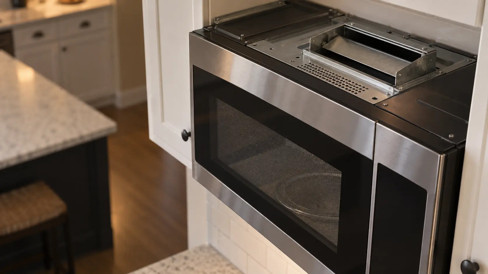 Close on the rectangular damper opening at the top back of a microwave hood combination, seen from above.