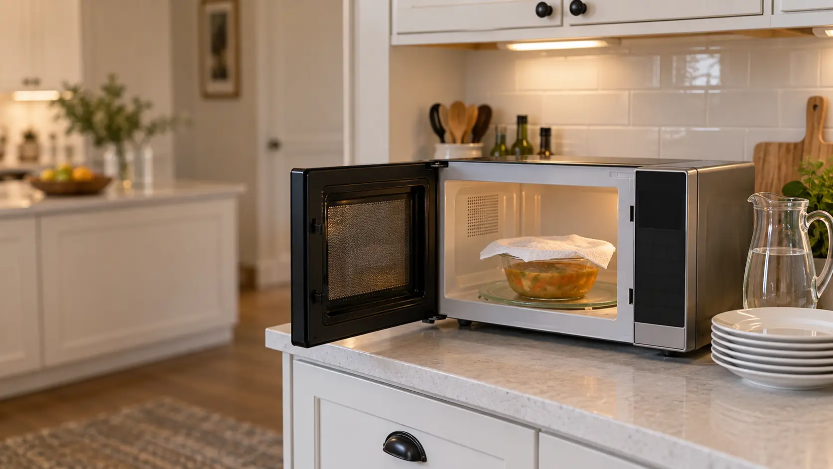 A countertop microwave on a light kitchen counter with its door open, a plain glass bowl of soup covered with a paper towel on the glass turntable, beside the microwave a stack of plain white porcelain plates and a plain clear glass pitcher, soft daylight.