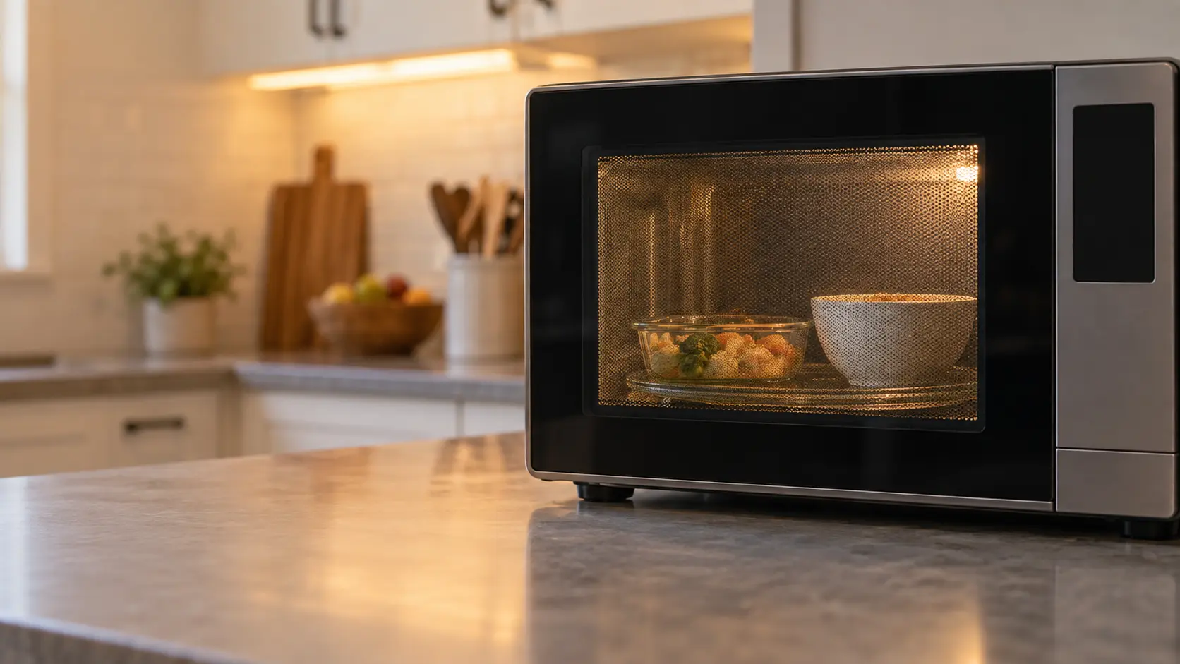 Close on a plain glass dish and a white ceramic bowl side by side on a microwave turntable.
